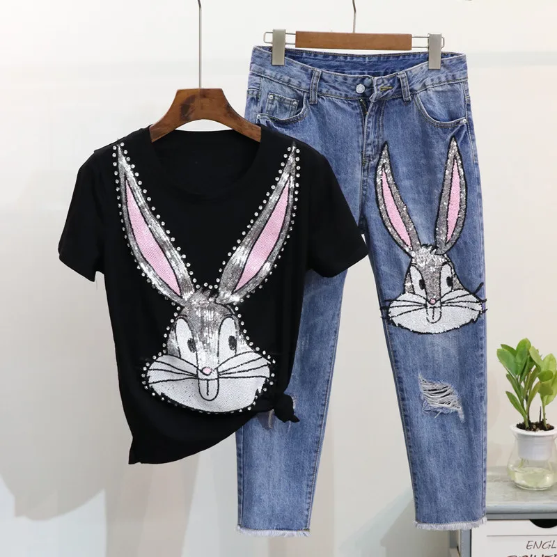 CBAFU женский летний комплект из 2 предметов повседневные футболки с пайетками