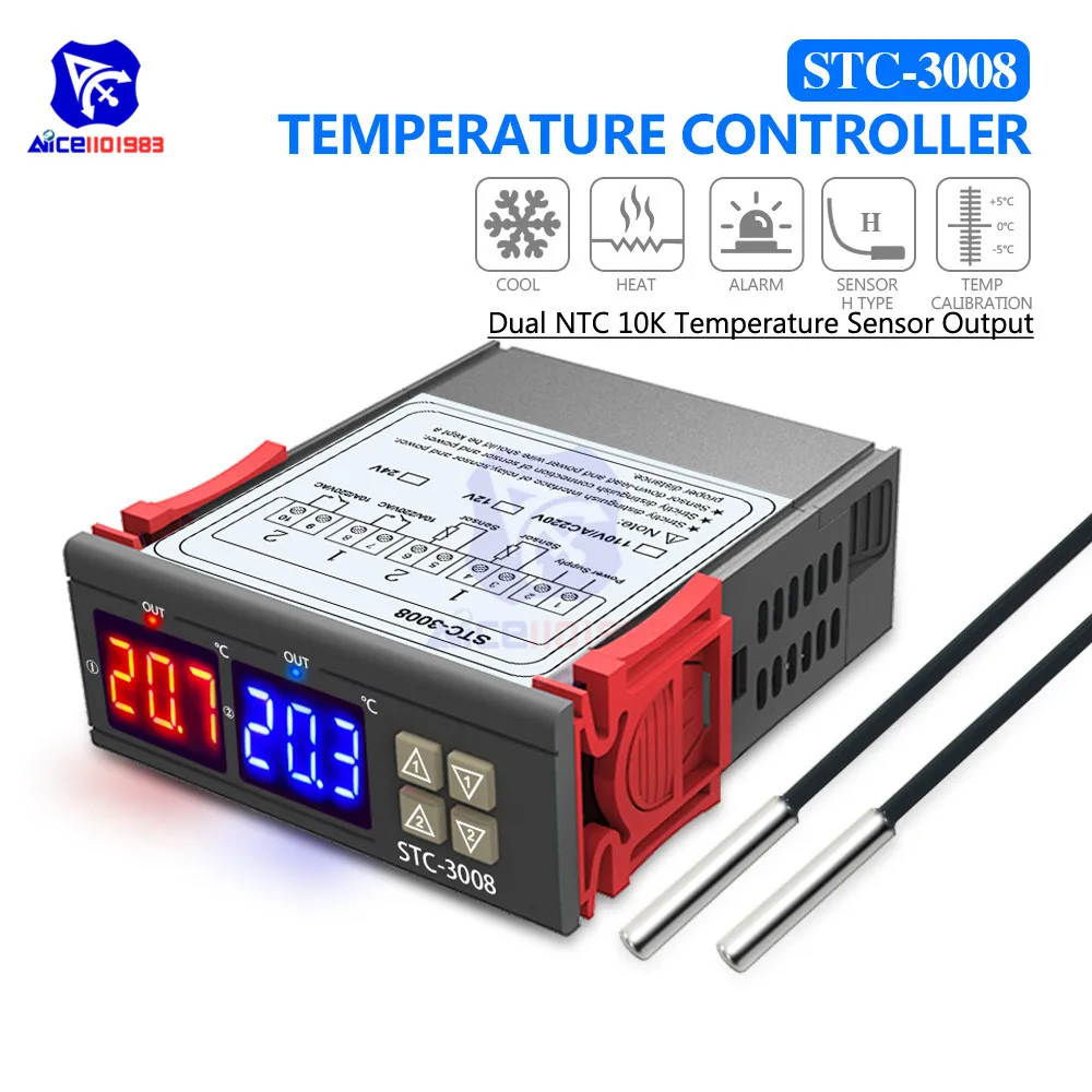 STC 3008 двойной светодиодный контроллер температуры 12 В 24 220 термометр NTC 10K Датчик