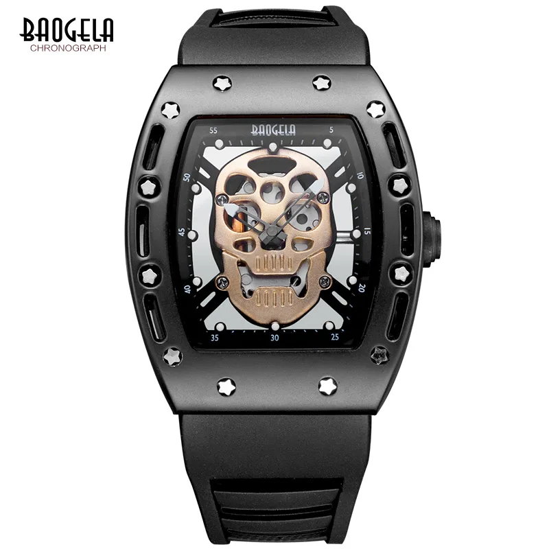 

BAOGELA Male Waterproof Sports Watch Skulls Hollow Out Watch Luminous Male Watch Quartz Watch With Black silicone Strap