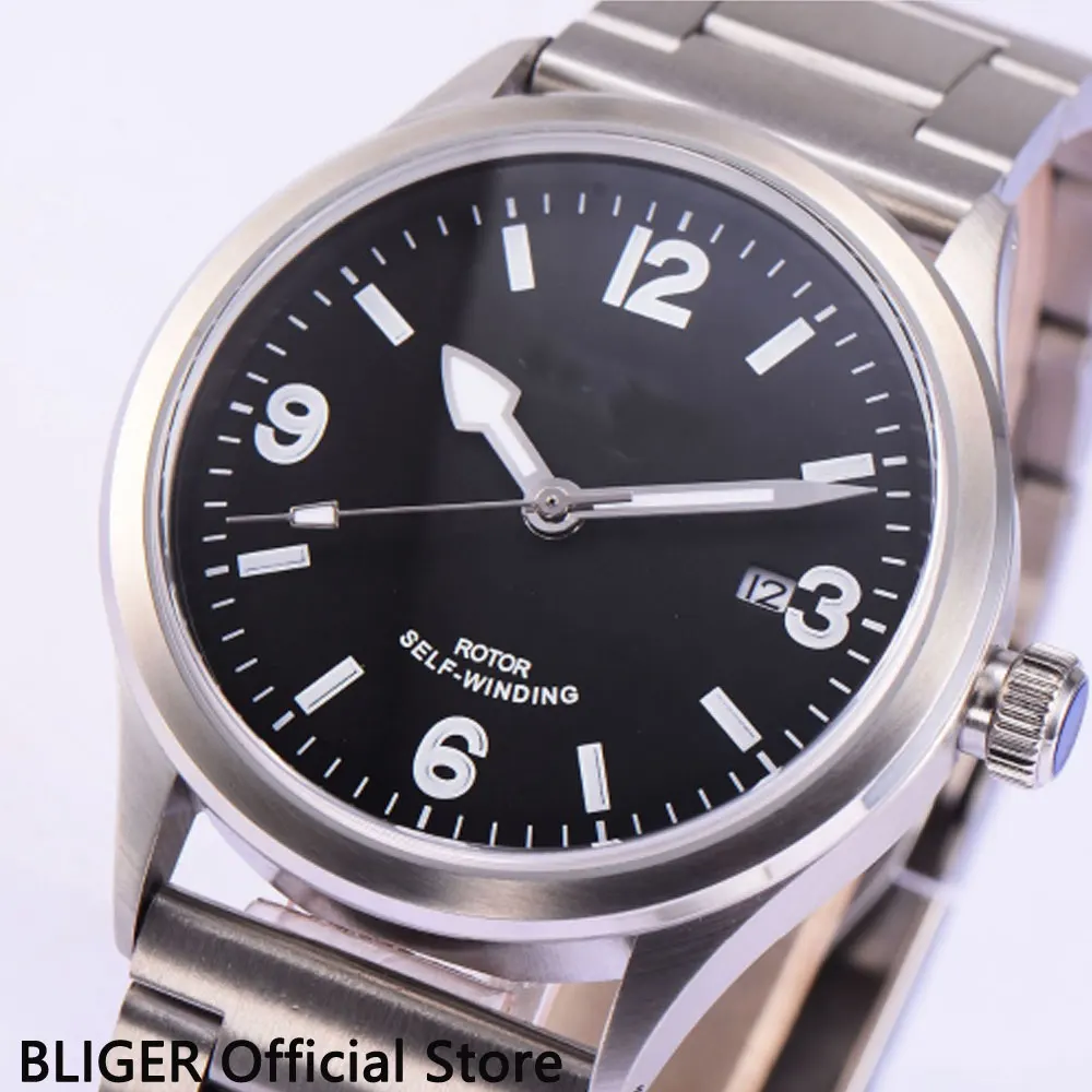 Механические Мужские часы 41 мм с черным стерильным циферблатом Автоматическая