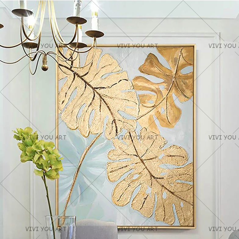 

New Arrived Large 100% Handmade Nordic style Golden Leaf Canvas Thick Painting Modern Decor Wall Art Pictures Living Room Decor