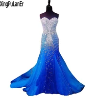 vestido longo royal blue tulle long dress party evening silver beaded crystals elegant custom made pageant formal prom dresses