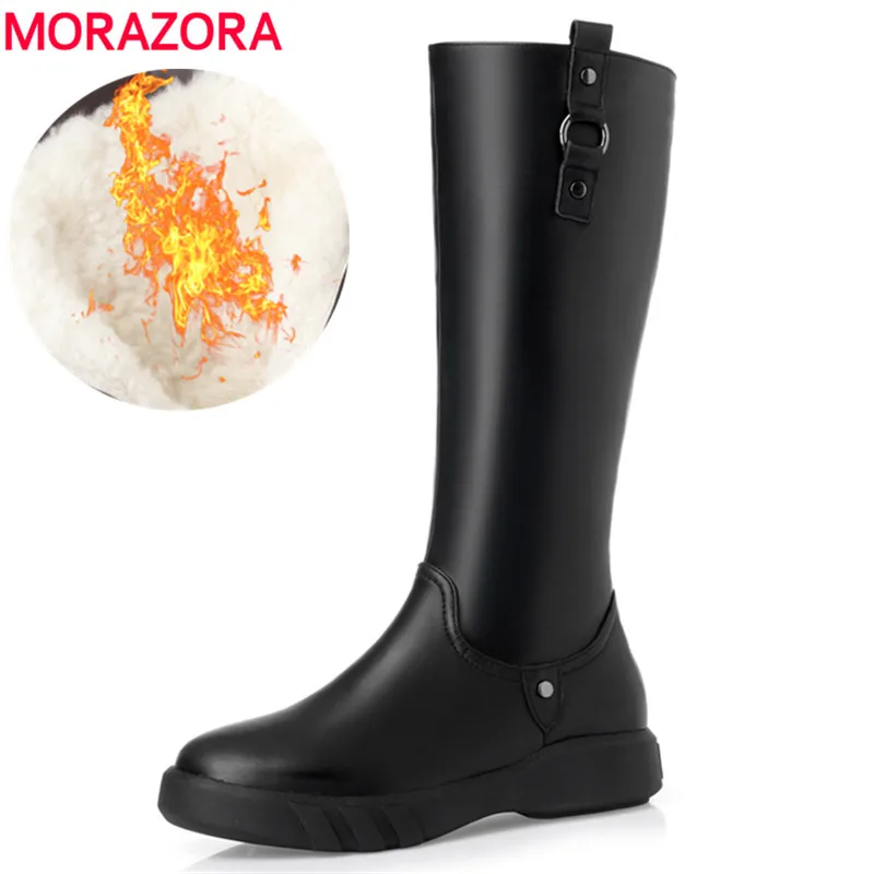 Женские сапоги из натуральной кожи MORAZORA черные до колена шерсти на плоской
