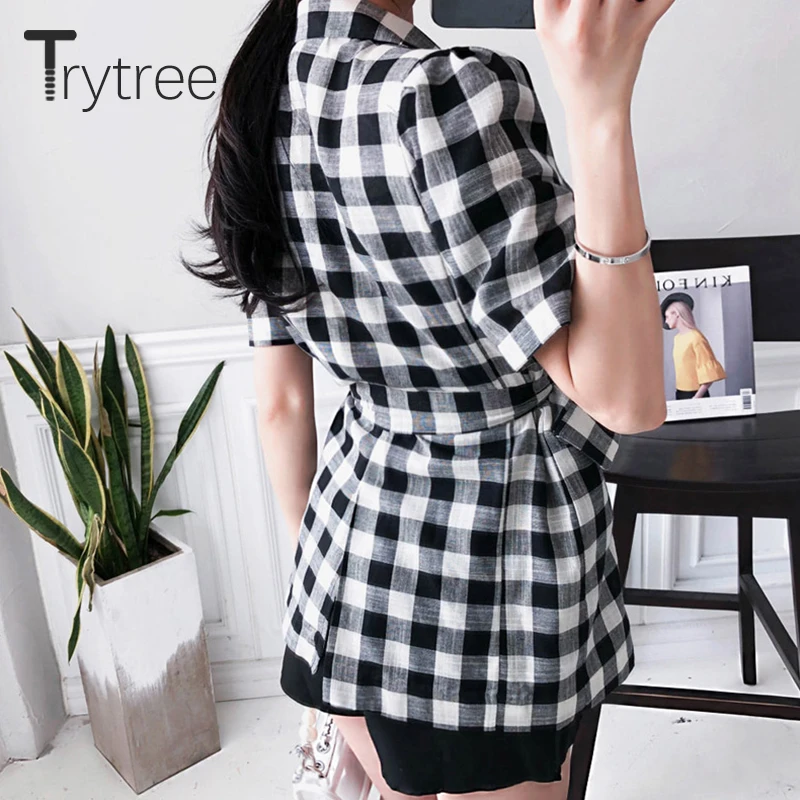 Trytree/сезон лето-осень женские тонкие куртки в клетку офисные модные двубортные с
