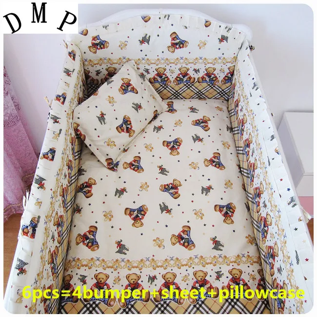 

6PCS Bear baby cotton crib bedding set Applique owl bed around bed bumper ropa de cuna (4bumper+sheet+pillow cover)