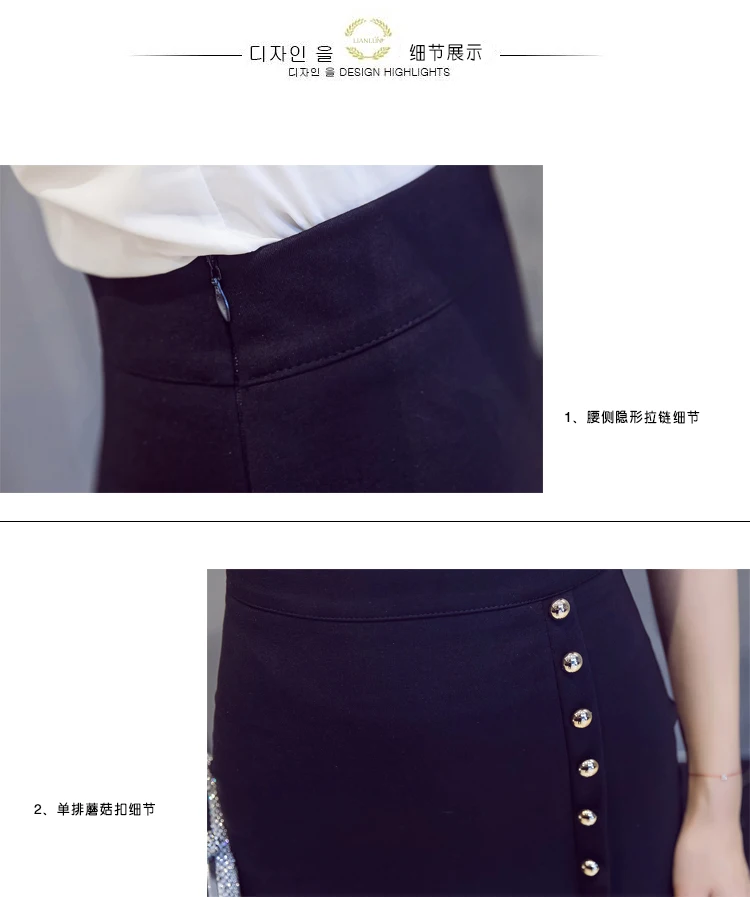 New Women Side Beading Lace Stitching Skirts Elegant High Waist Office Business OL Skirts Stretch Plus Size Midi Skirts Women