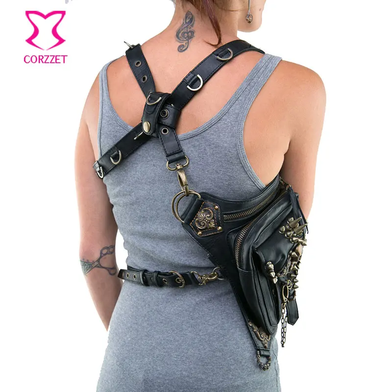 Женская/Мужская поясная сумка в готическом стиле черная кожаная мессенджер