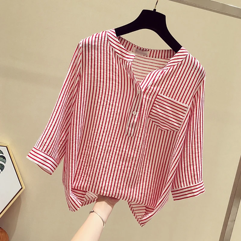 

Women Summer Fashion All-match Casual Loose Concise Striped Three Quarter Sleeve Shirts