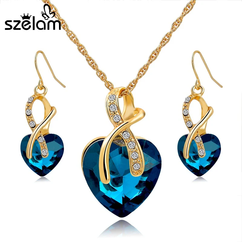 

SZELAM 2019 Crystal Heart Necklace Earrings Jewellery Set for Women Bridal Wedding Accessories SET140044