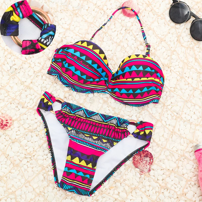 Висит Шеи Многоцветная Сексуальное Бикини Set Beach Купальник Из Двух Частей Печати