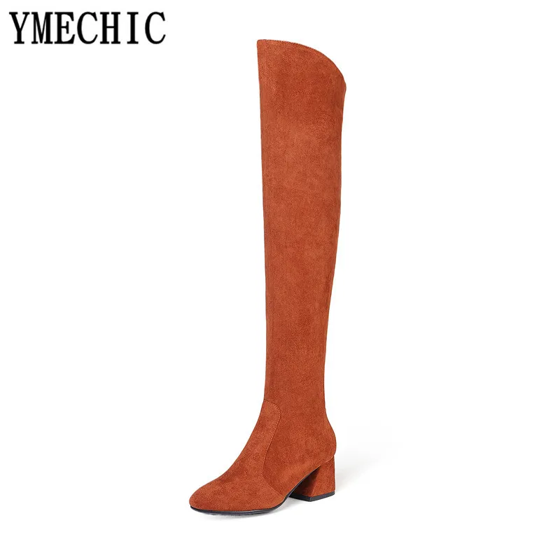 YMECHIC/2018 Замшевые женские Сапоги выше колена из флока сапоги на высоком массивном
