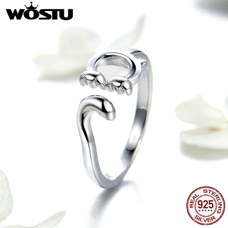 WOSTU подлинное 925 пробы серебряное Китти кот длинный хвост кольцо для свадьбы