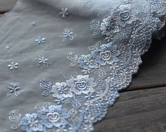 2 ярдов кружевной отделкой фиолетовые цветы Вышитые Тюль Кружева 7 дюймов широкий