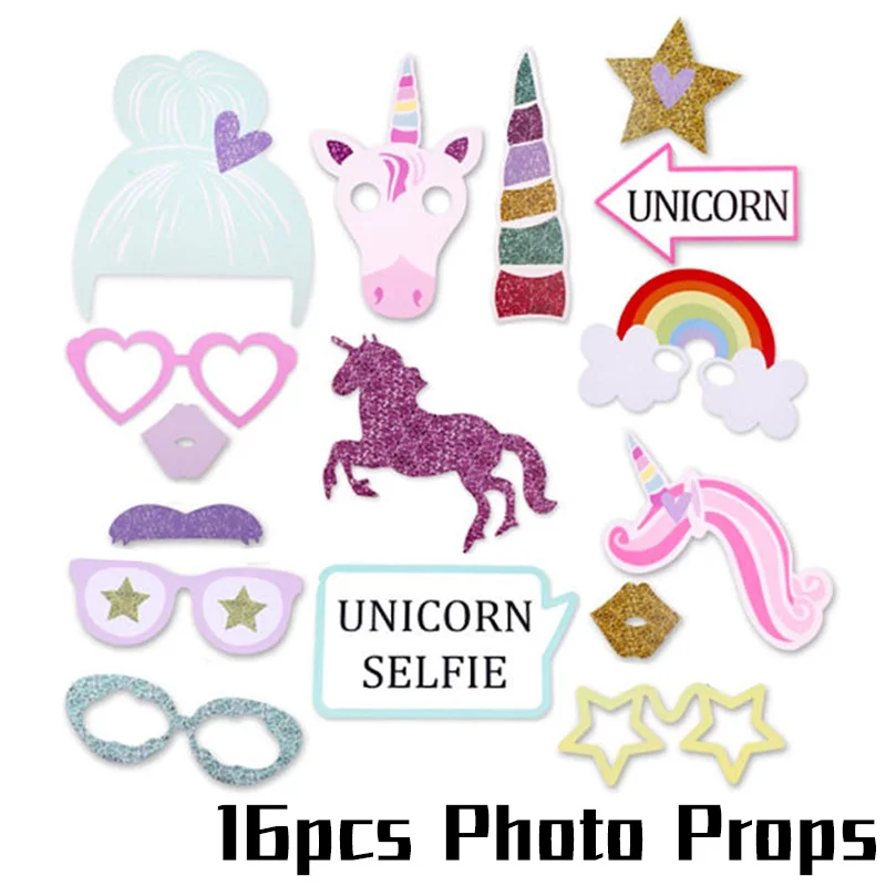 16pcs Photo Props Скатерть с единорогом для детской вечеринки на день рождения, вечерние одноразовые скатерти и столовые приборы, свадебные украшения, товары для детского душа - Цвет: 16pcs Photo Props