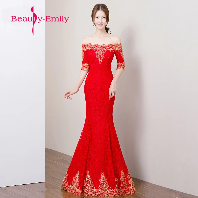 Beauty Emily red Mermaid wedding Dresses Off The Shoulder Half Sleeve Elegant bridal dresses new wedding banquet robe de soiree