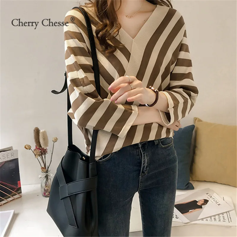 Cherry Chesse для женщин осень полосатый свитер с рукавом три четверти топы