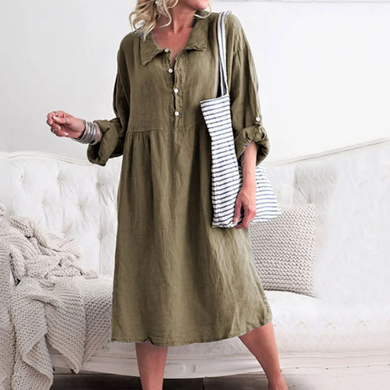 Летнее и осеннее простое женское платье с длинными рукавами свободное