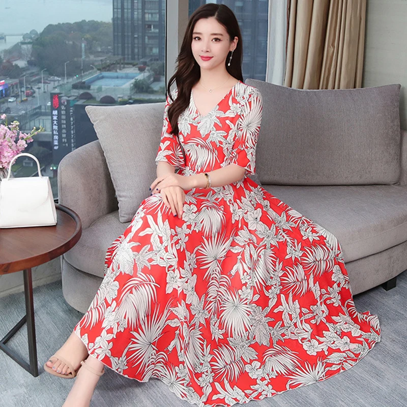 Женское офисное летнее платье с короткими рукавами в цветочек модное