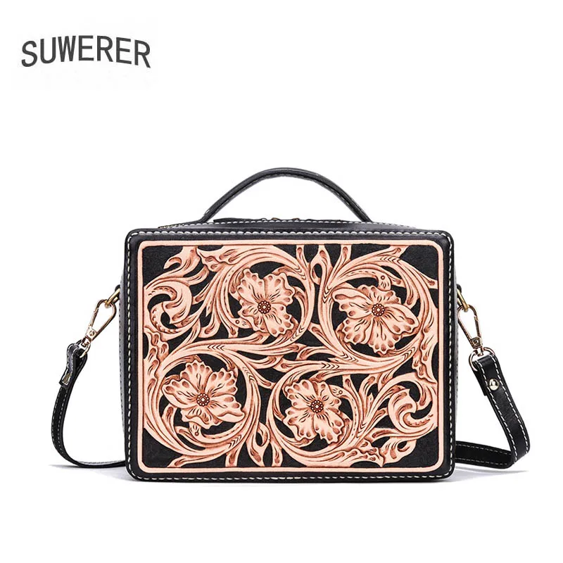 

SUWERER Women Genuine Leather bag Handmade Carved cowhide luxury fashion tote leather shoulder bag designer women famous brand