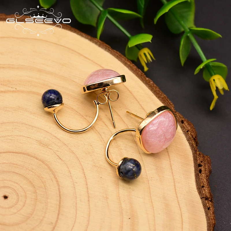 Женские серьги гвоздики XlentAg Lapis Lazuli розовые из цветного стекла ювелирные изделия