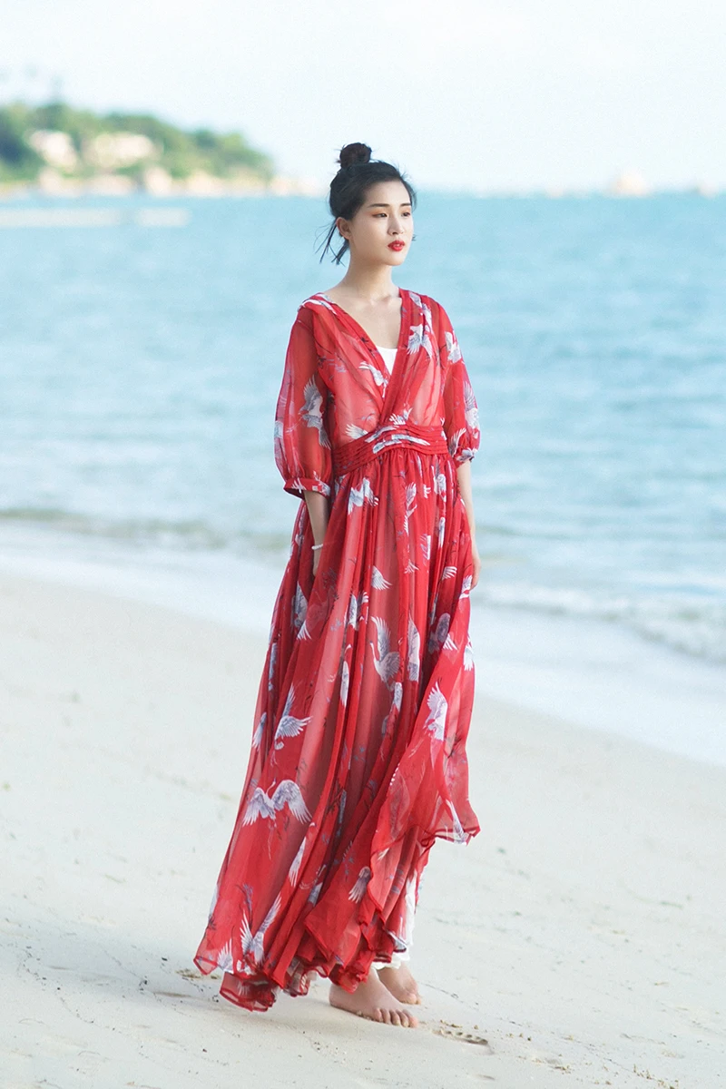 

MM144 New Arrival Spring Summer 2017 vintage see through pleated half sleeve a line long maxi beach casual crane print dress red