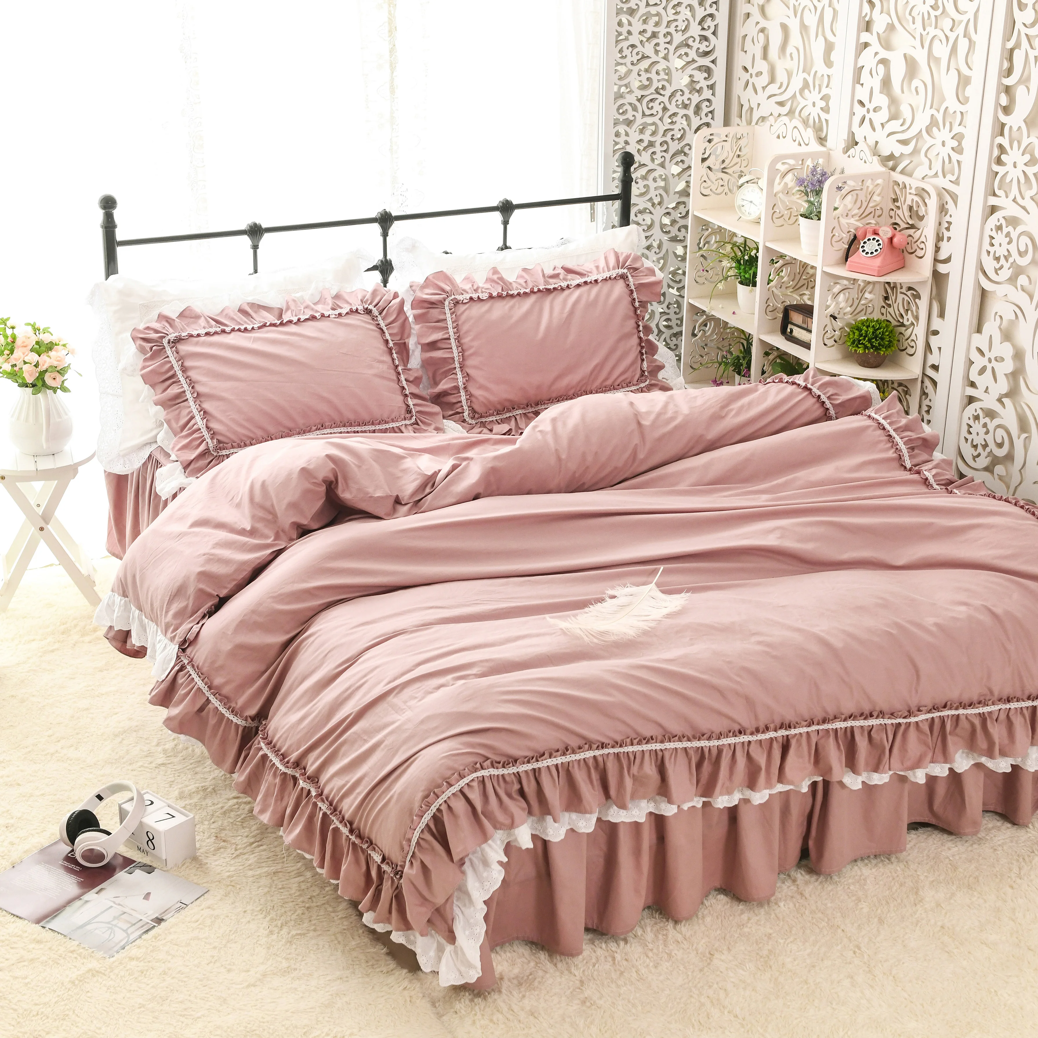 Korean version of the bed skirt style cotton lace embroidered quilt cover solid color princess girl heart bedding | Дом и сад