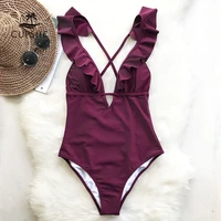 cupshe burgundy heart attack falbala one piece swimsuit women ruffle v neck monokini 2021 new girls beach bathing suit swimwear