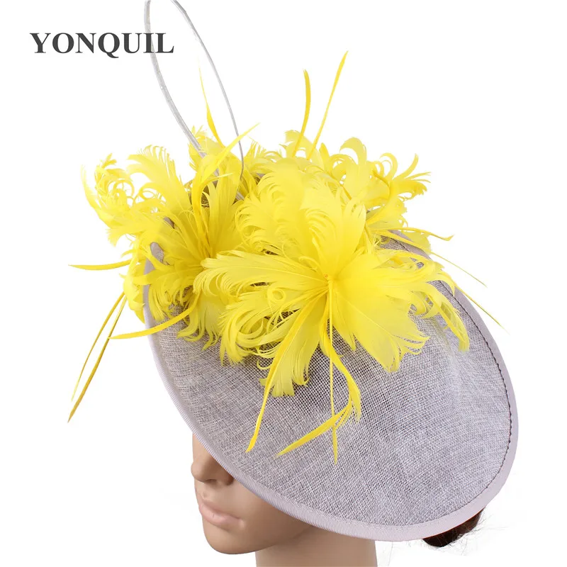 grey and yellow Женские шляпы с перьями миллинери, вуалетки, имитация sinamay derby, Кентукки, элегантные головные уборы для свадьбы - Цвет: grey and yellow