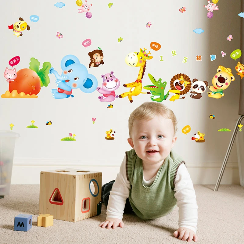 [SHIJUEHEZI] Elephant Giraffe Animals Wall Stickers DIY Cartoon Clouds Mural Decals for House Kids Rooms Baby Bedroom Decoration | Дом и сад