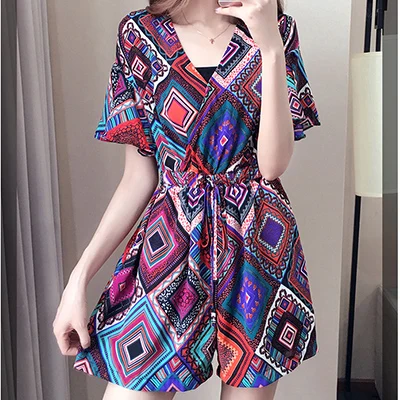 DICLOUD штаны большого размера для женщин boho печати Свободные Комбинезоны Женский v-образный вырез Высокая талия широкие ноги комбинезон лето Macacao Feminino - Цвет: 1