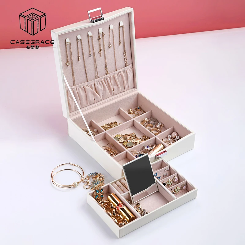 Casegrace, дизайн, двухслойная шкатулка из искусственной кожи с зеркальным замком, серьги для девочек, ожерелье, коробки для хранения ювелирных изделий, Органайзер