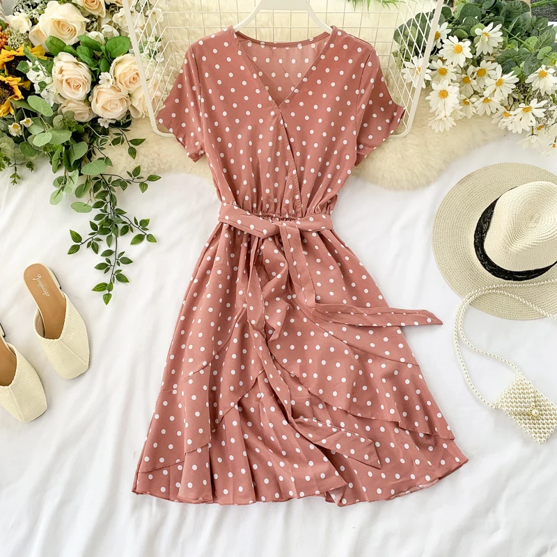Vintage Polka Dot Print V Neck Ruffles Short Bandage Dress Chiffon Summer Party Women Casual High Waist Beach Dresses