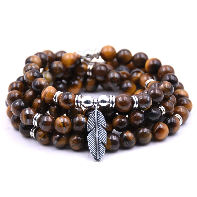 Tiger Eye Stone Йога браслет с подвеской в виде пера 8 мм 108 мала Natural Energy Stone ручная вышивка стразами браслет или ожерелье медитации 18 стилей - Окраска металла: Tiger Eye Stone