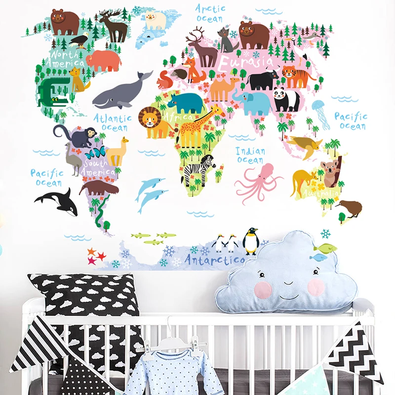 

Animals Map of World Wall Stickers Kids Room Kindergarten Classroom Decorations Home PVC Decor DIY Wall Safari Mural Art Decals