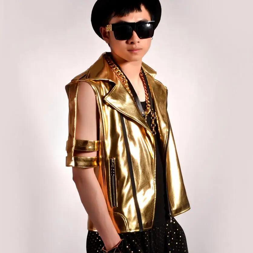 

Europe And The United States Large Size Gold Color Pu Leather Short-sleeve Motorcycle Dj Hip-hop Rock Men Singer Clothing /s-5xl