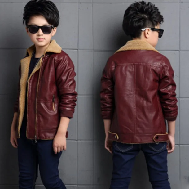 

2017 boys high-end boutique leather children plus velvet thick leather gown student PU jacket big children's jacket cotton