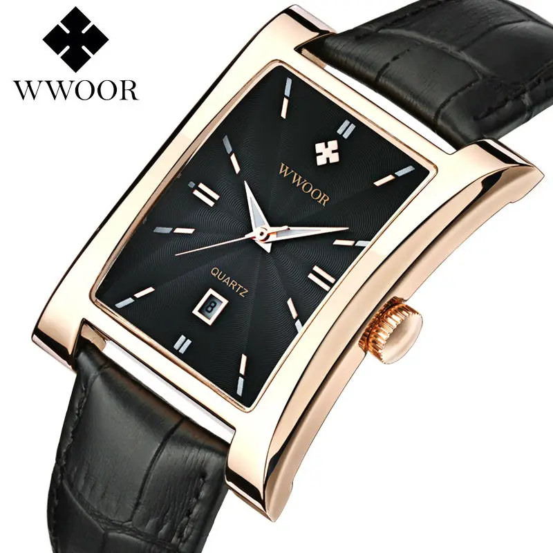 WWOOR Brand Luxury Date Square Quartz Watch Men Water Resistant Genuine Leather Casual Sports Wrist Black Analog Clock | Наручные часы