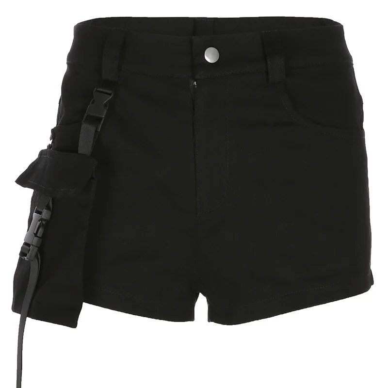 Black Solid Cargo Shorts Women Detachable Pockets With Buckle Summer Shorts High Waist Short Feminino Streetwear