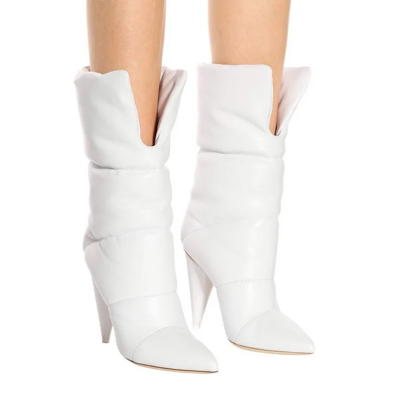 New spike high heels snow boots women pointed toe mid calf slip on winter shoes white black runway lady party dress boots