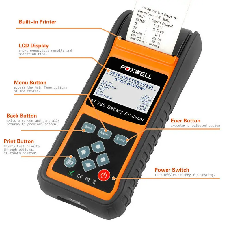 Foxwell BT780 автомобильный 12 В 24 В тестер батареи Встроенный принтер BT-780 авто анализатор батареи AGM гель EFB батареи анализатор