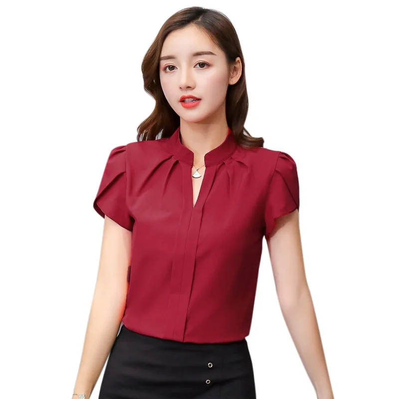 Women Shirt Chiffon Blusas Femininas Tops Short Petal Sleeve V-neck Elegant Ladies Formal Office Blouse Chiffon Shirt