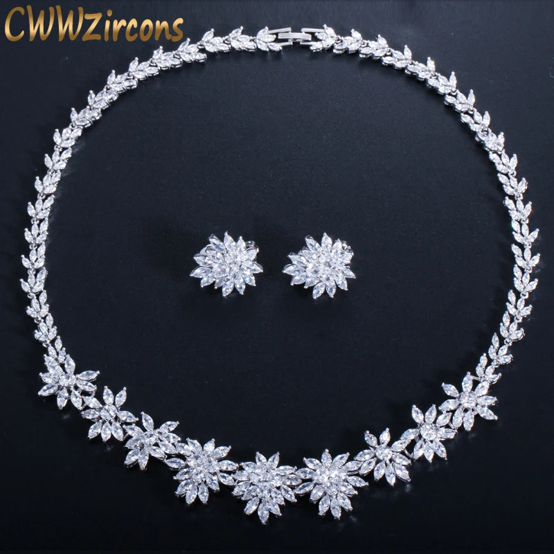 CWWZircons роскошный кубический циркон цветок ожерелье и Клипсы Серьги наборы для свадьбы свадебные вечерние CZ Ювелирные изделия Аксессуары T149