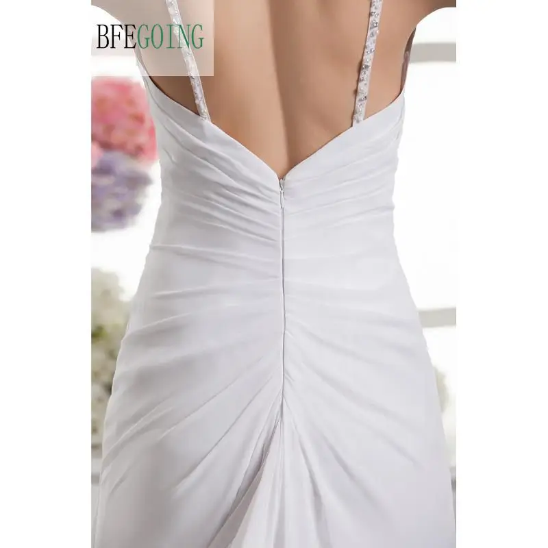 

White Chiffon Floor-Length Sweetheart Spaghetti Straps Mermaid/Trumpet Wedding dresses Chapel Train Bridal Gown Custom made
