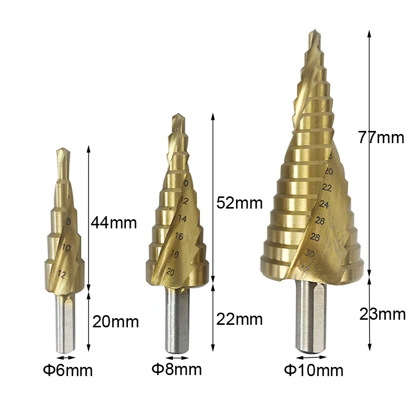 

Metric Spiral Flute The Pagoda Shape Hole Triangular Cutter 4-12/20/32mm HSS Steel 6542 Cone Drill Bit Set Steel Step Sharpening