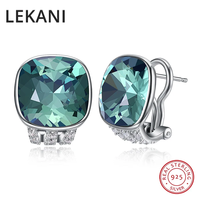 LEKANI кристаллами SWAROVSKI Новые квадратные серьги-гвоздики S925 Серебряный пирсинг Винтажные Ювелирные украшения для женщин и девушек подарки - Цвет камня: Зеленый