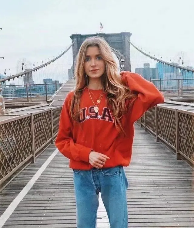 США с вышивкой надписями свободные длинные рукава Круглый воротник пуловер