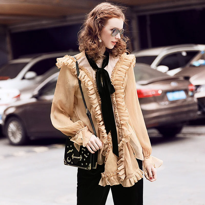 Runway брендовая элегантная белая шифоновая блузка с длинными рукавами и оборками