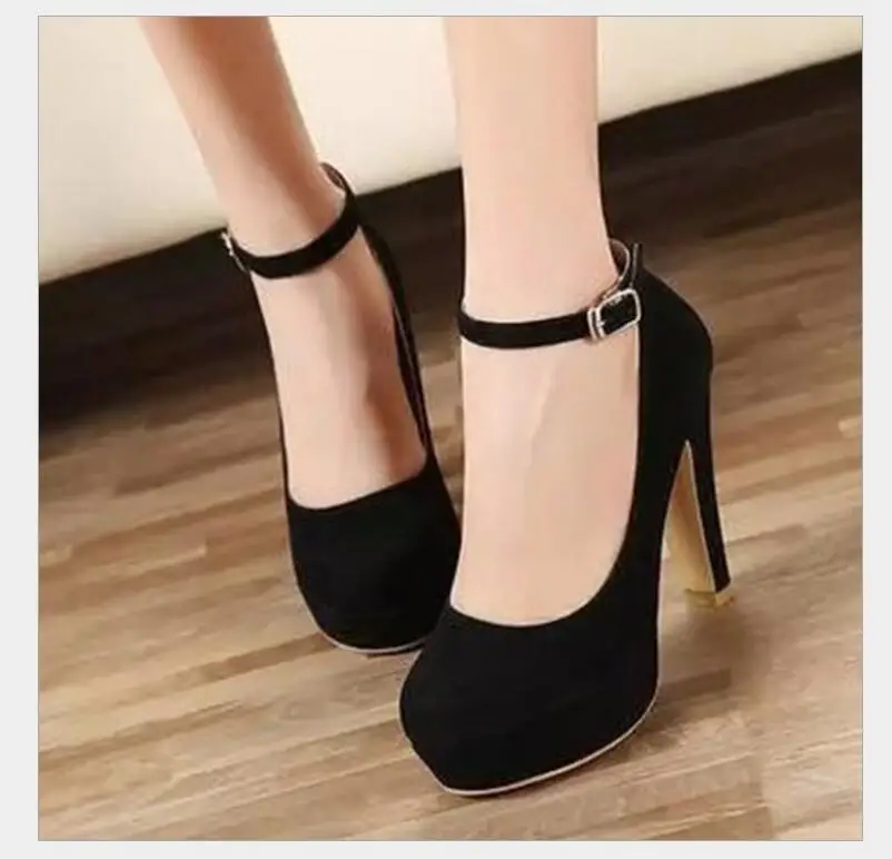 2019 women's pumps fashion party wedding chunky heels with shallow mouth round head Solid color velvety buckle shoes for women | Обувь