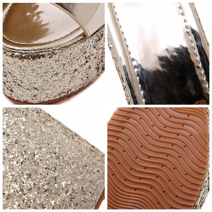 

Slope With Female Summer 2019 New High Heels Fish Mouth Shoes Word Slippers Thick Sequin Sandals Casual Wedges Heel Mujer C50