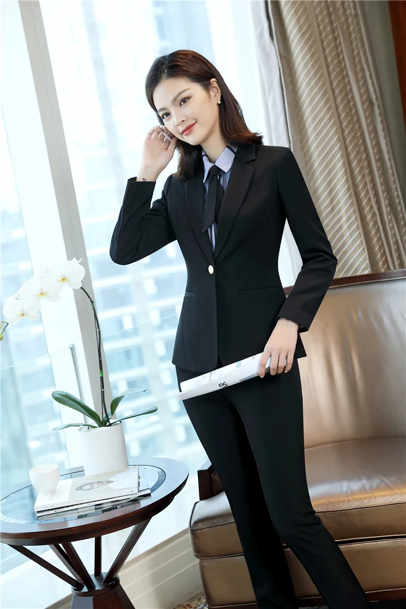 

2018 Fall Winter Uniform Designs Pantsuits With Jackets And Pants For Women Business Pant Suits Female Trousers Sets Black